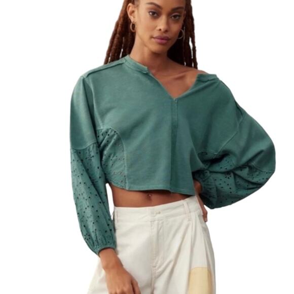 Pilcro | Batwing Eyelet Sleeve Crop Top Boho Festival Olive Green XSP Petite - Picture 1 of 7